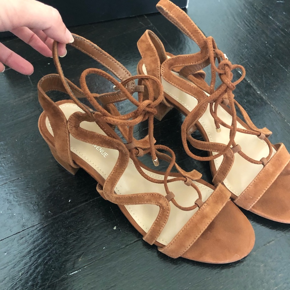 Saks 5th Ave suede strapped block heels brown